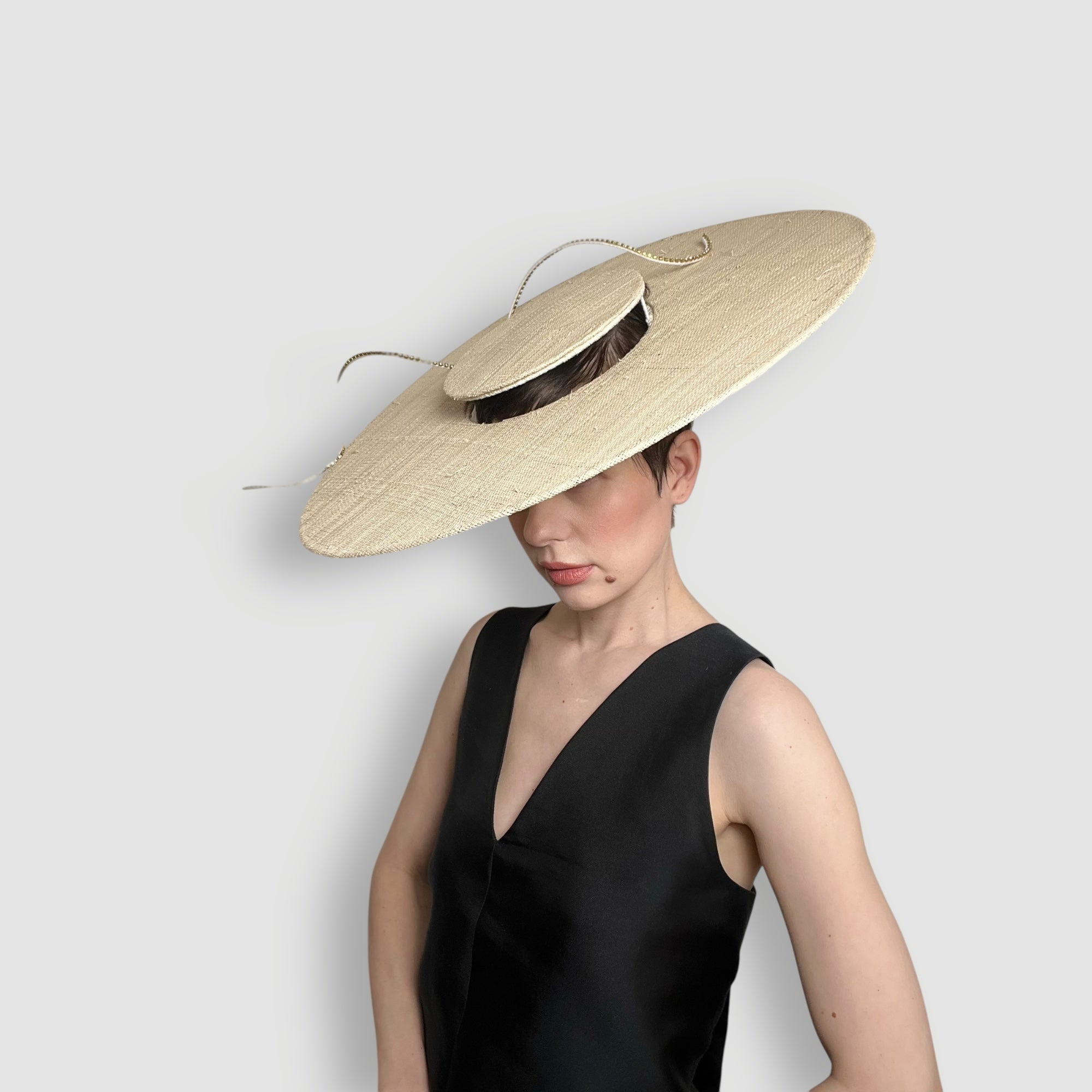 Freya Floating Boater: Natural Raffia with Diamante Curl