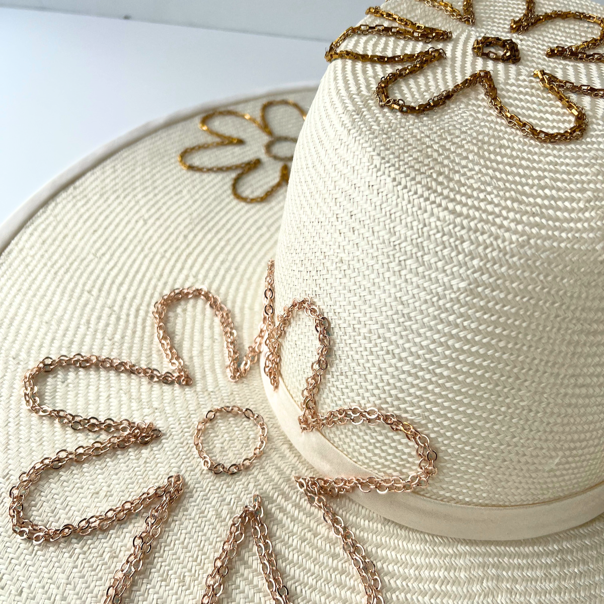 Octavia Hat- White with Gold Chain Flowers