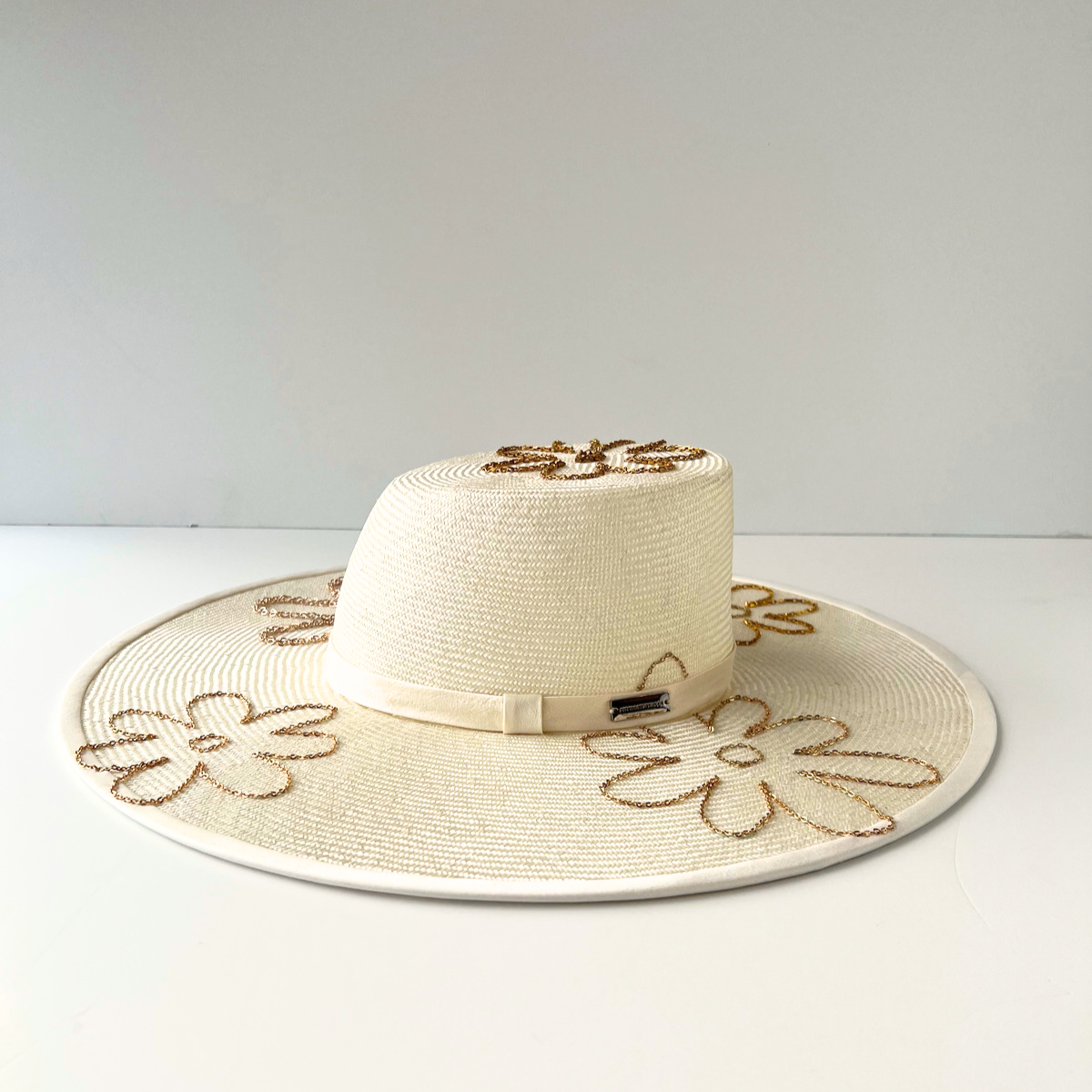 Octavia Hat- White with Gold Chain Flowers