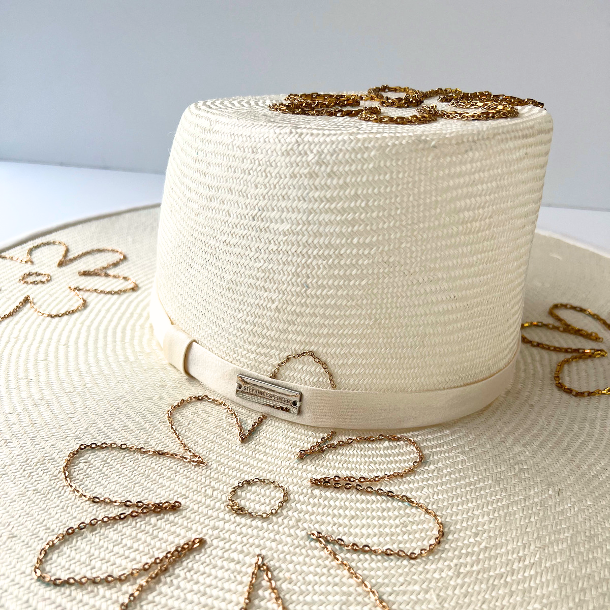 Octavia Hat- White with Gold Chain Flowers